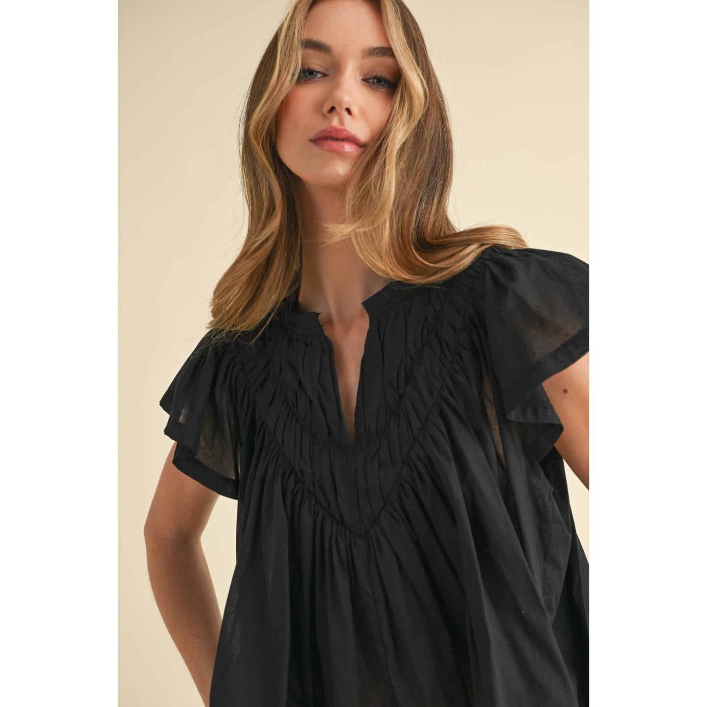 Flutter Sleeve V-Neck Detailed Blouse