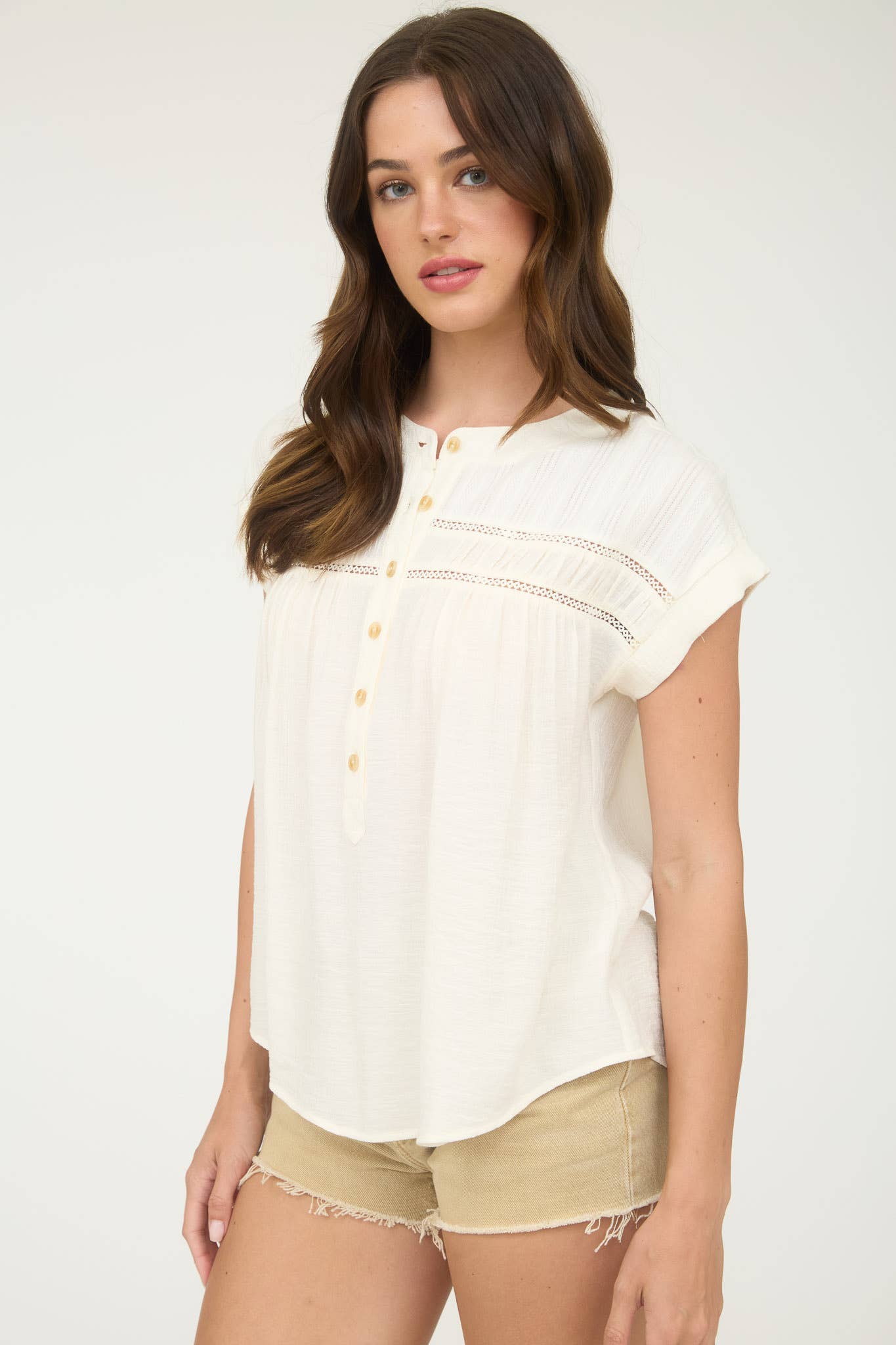 Eyelet Trim Half Button Top