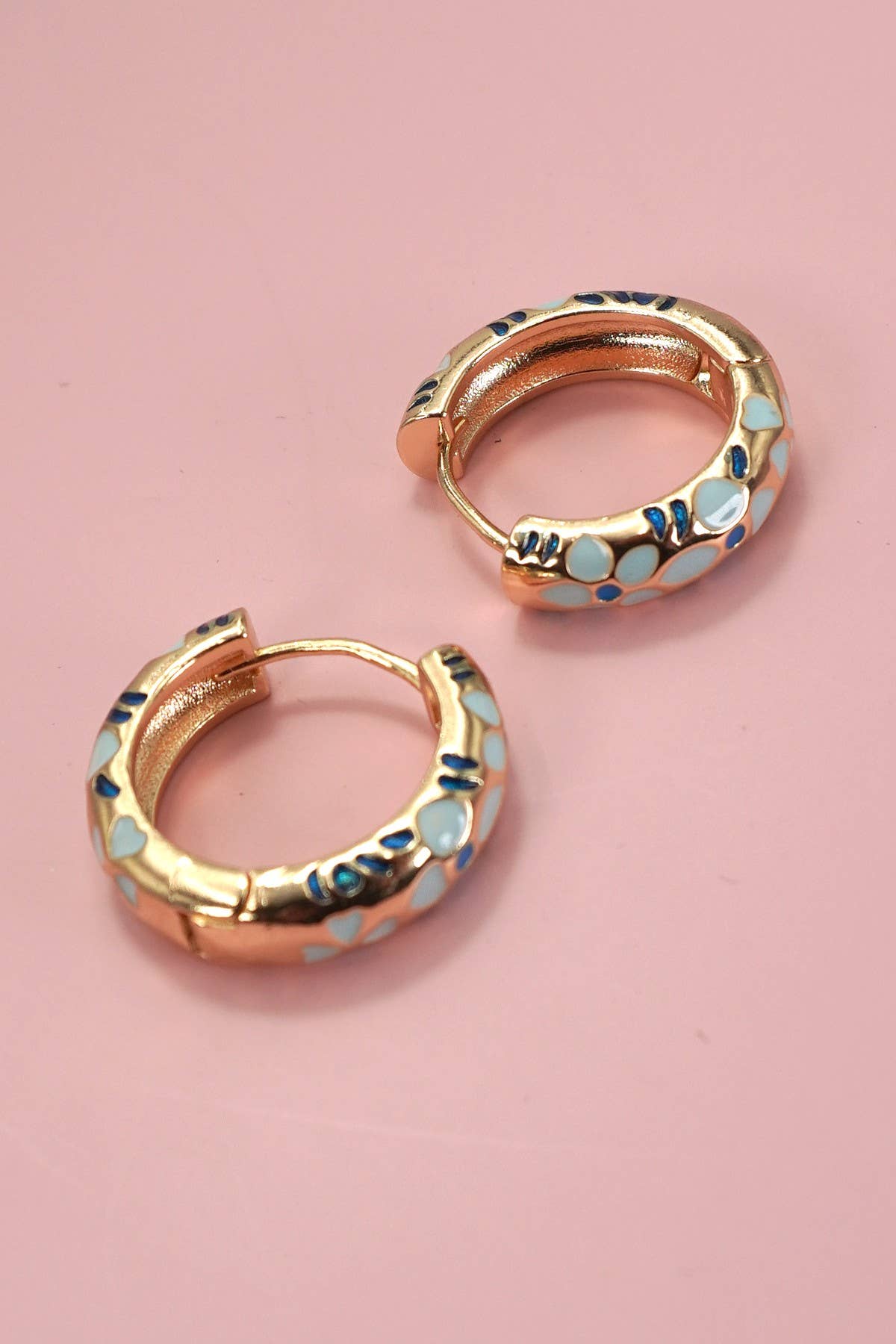 Enamel Flower Copper Huggie Hoop Earrings