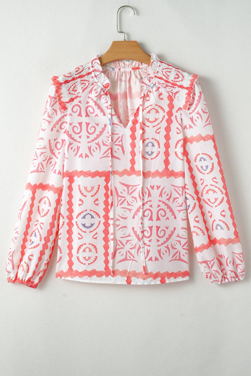 Geometric Floral Smocked V-Neck Top