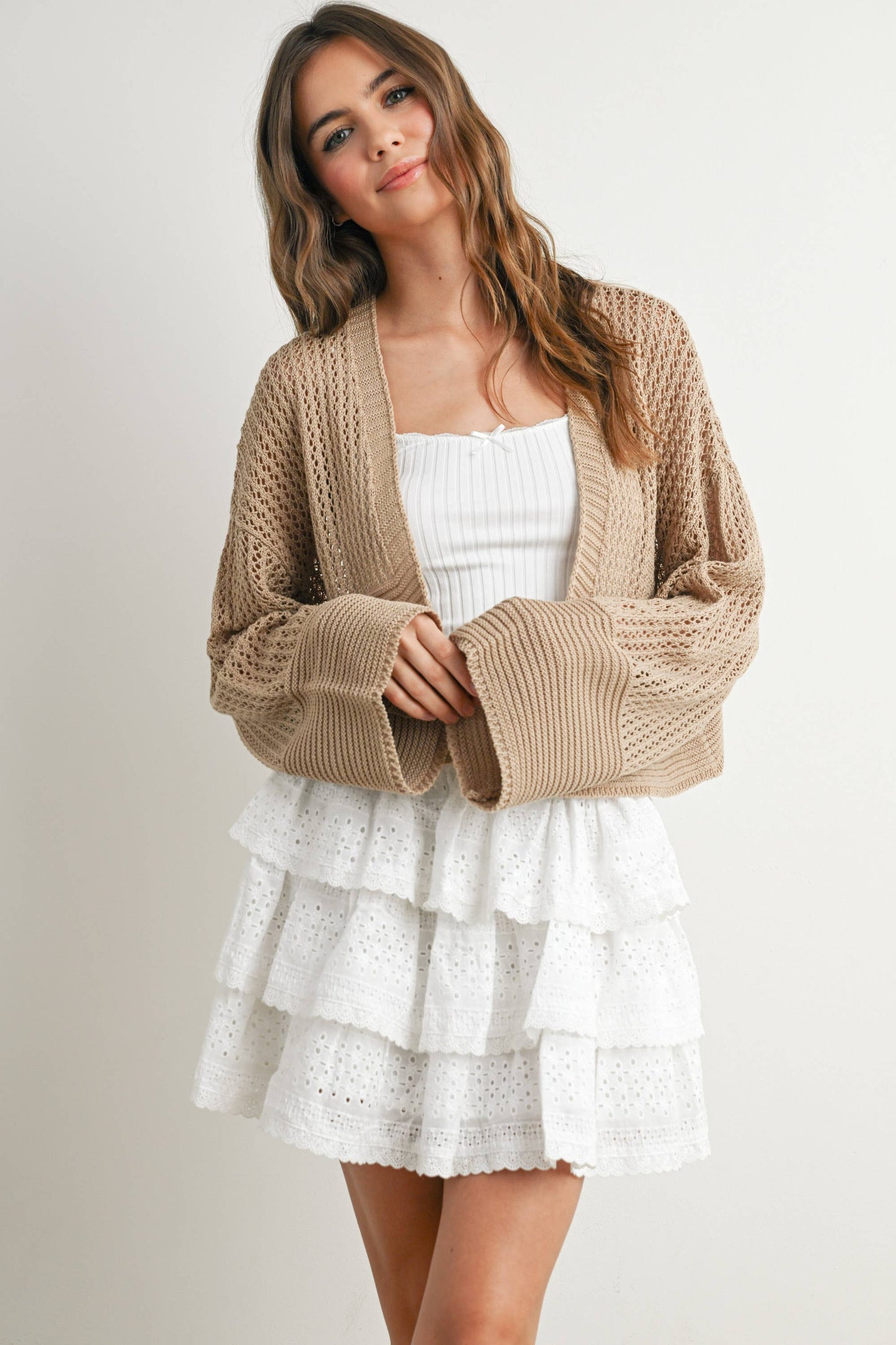 Wide Sleeve Textured Crop Cardigan Sweater