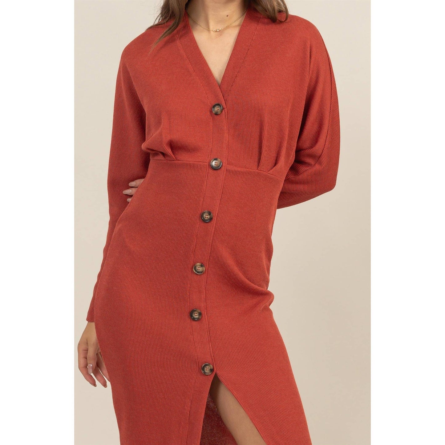 Rust Button-Down Knit Midi Dress