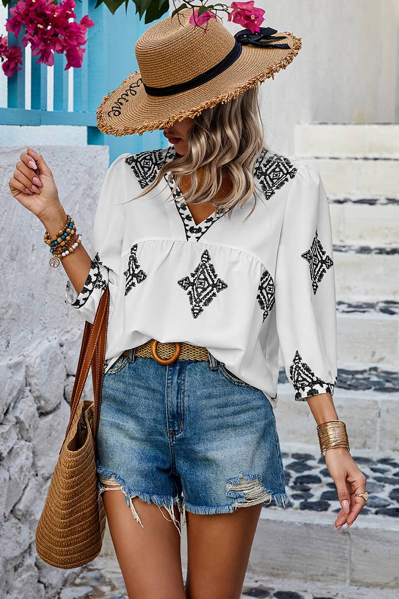 Printed V-Neck Loose Puff Sleeve Top