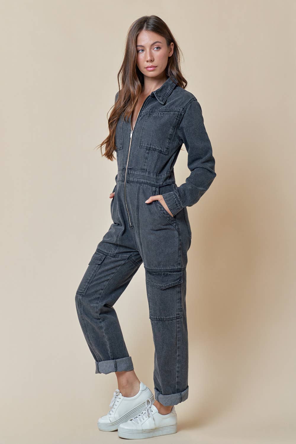 Washed Denim Front Zip Jumpsuit