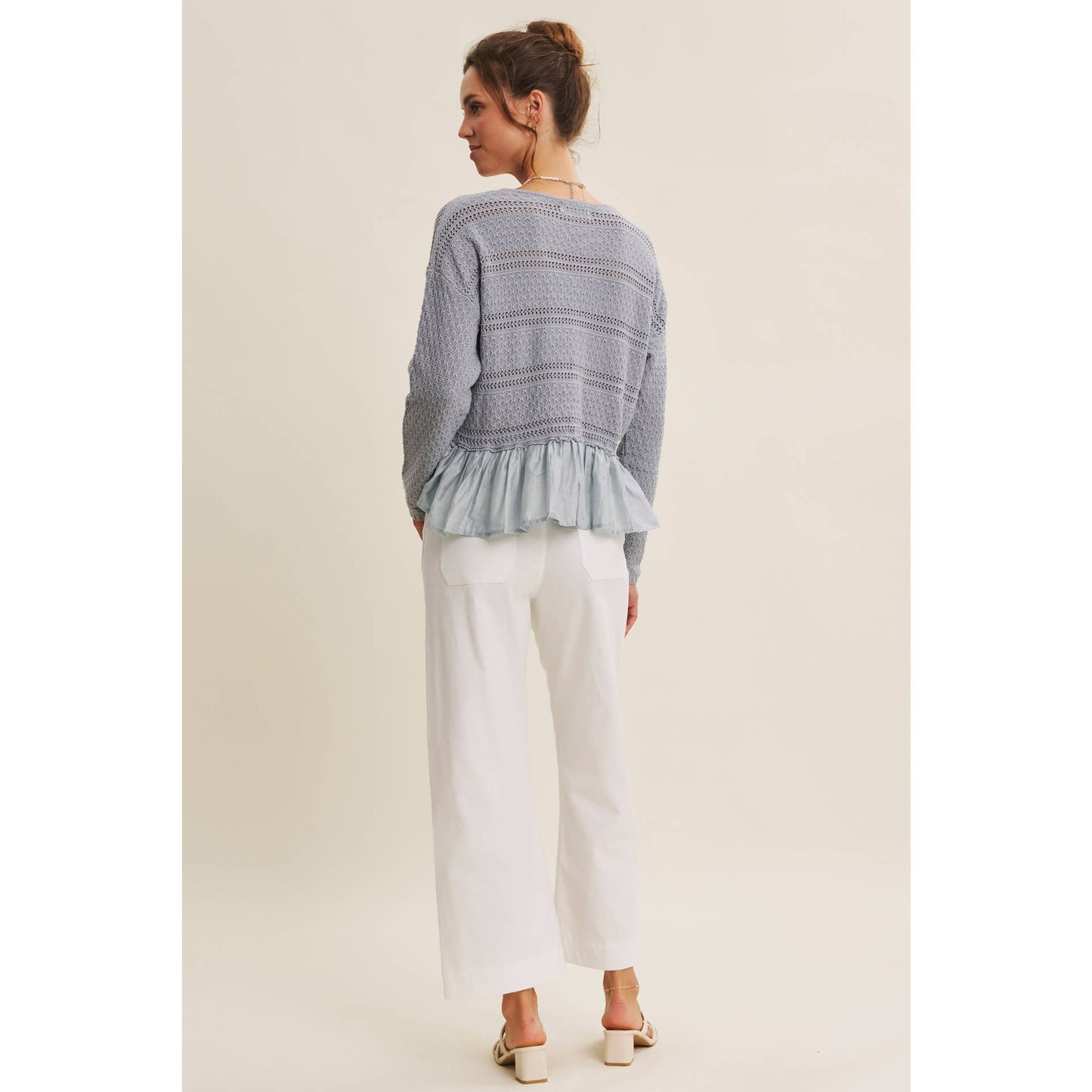 Slate Blue Ruffle Hem Crochet Sweater
