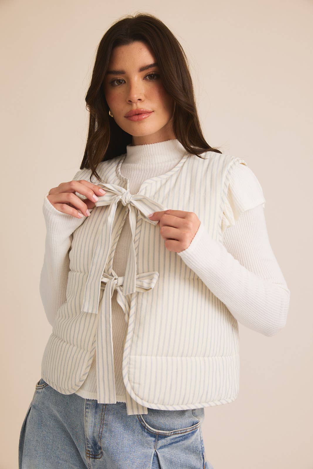 Front Bow Tie Striped Puffer Vest