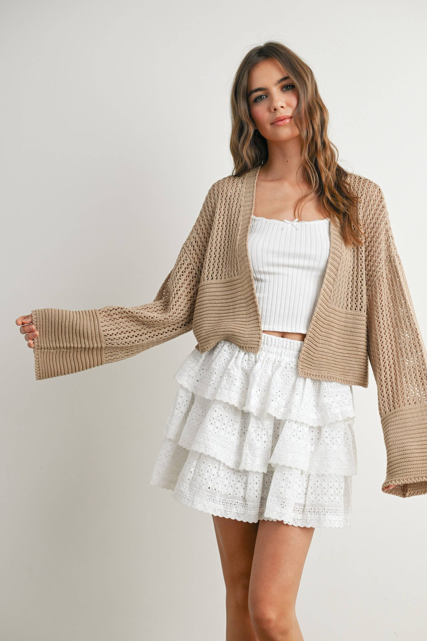Wide Sleeve Textured Crop Cardigan Sweater