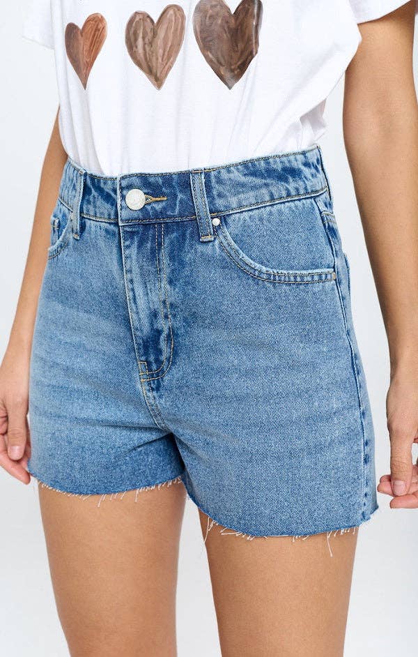 Medium Wash Stretch High Rise Frey Denim Shorts
