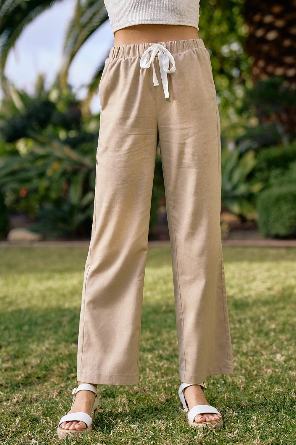 Tan Linen Pants w/Elastic Waistband + Tie