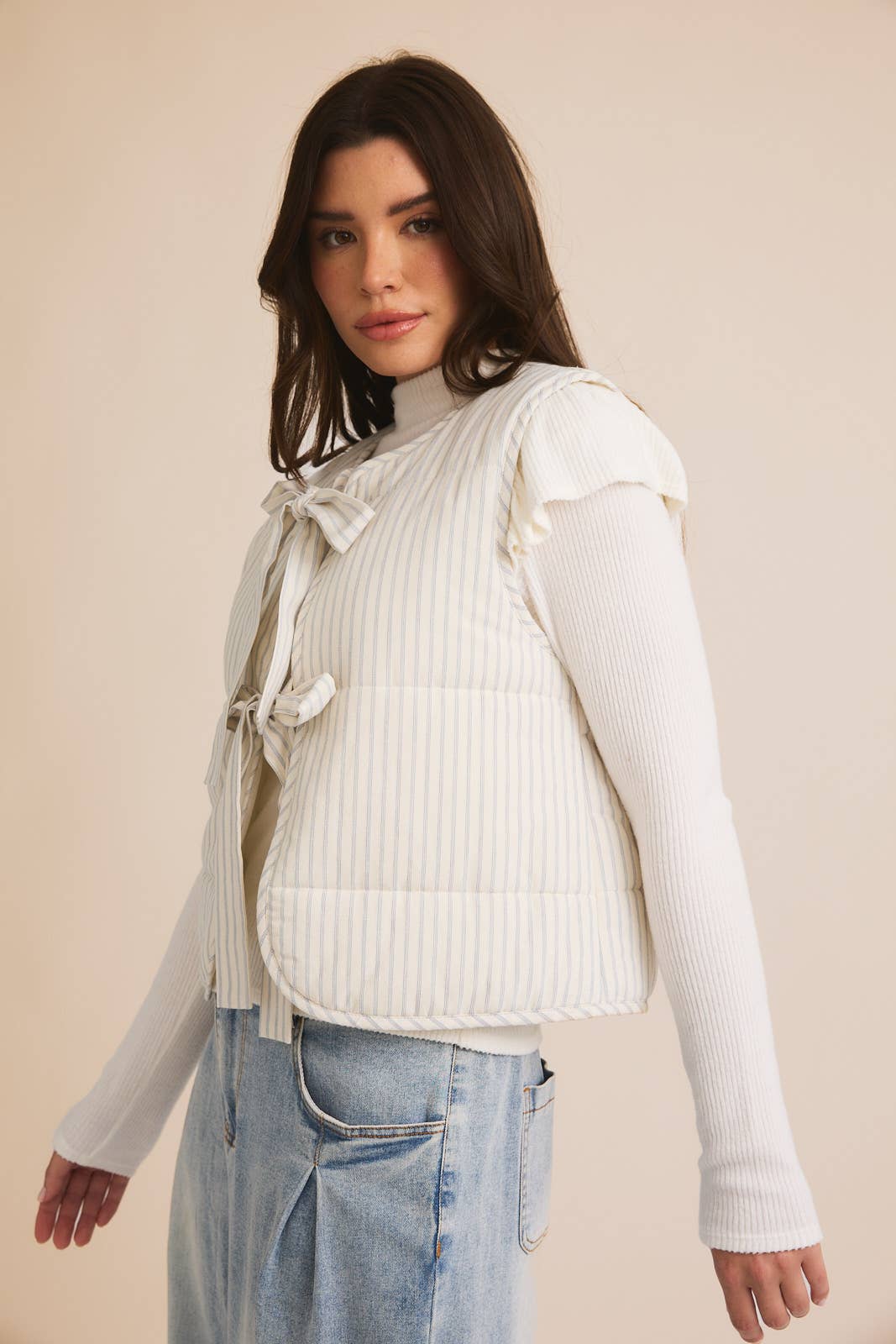 Front Bow Tie Striped Puffer Vest
