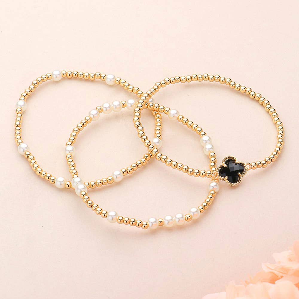 3pc. Gold Pearl Bead Stretch Multi Layered Bracelets