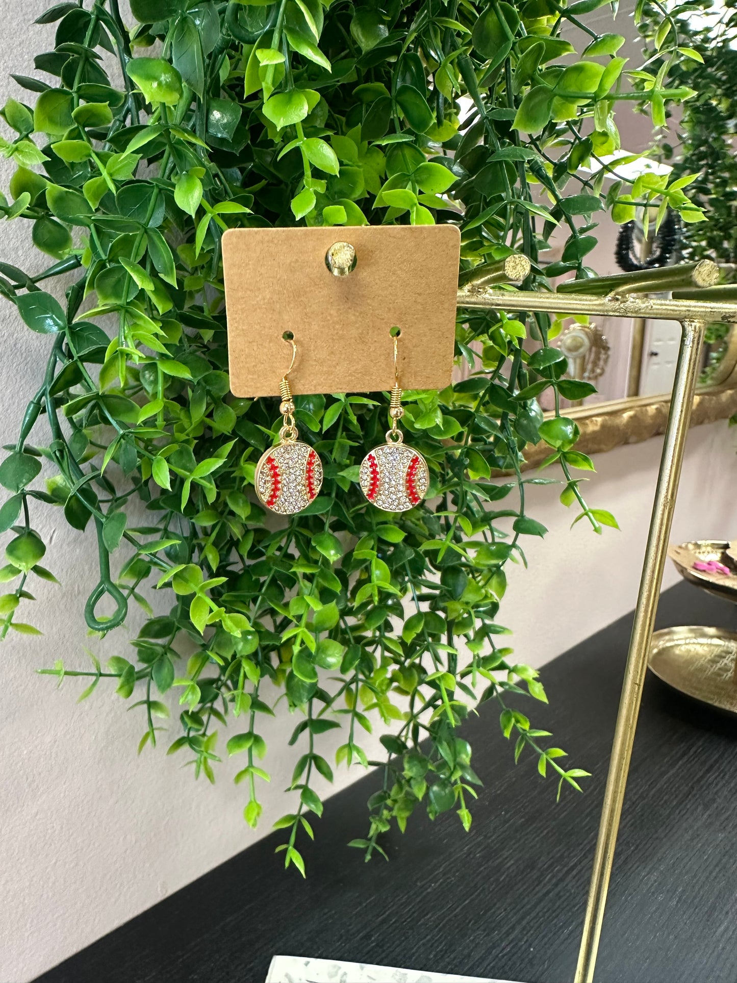 Baseball Rhinestone Gold Dangle Earrings