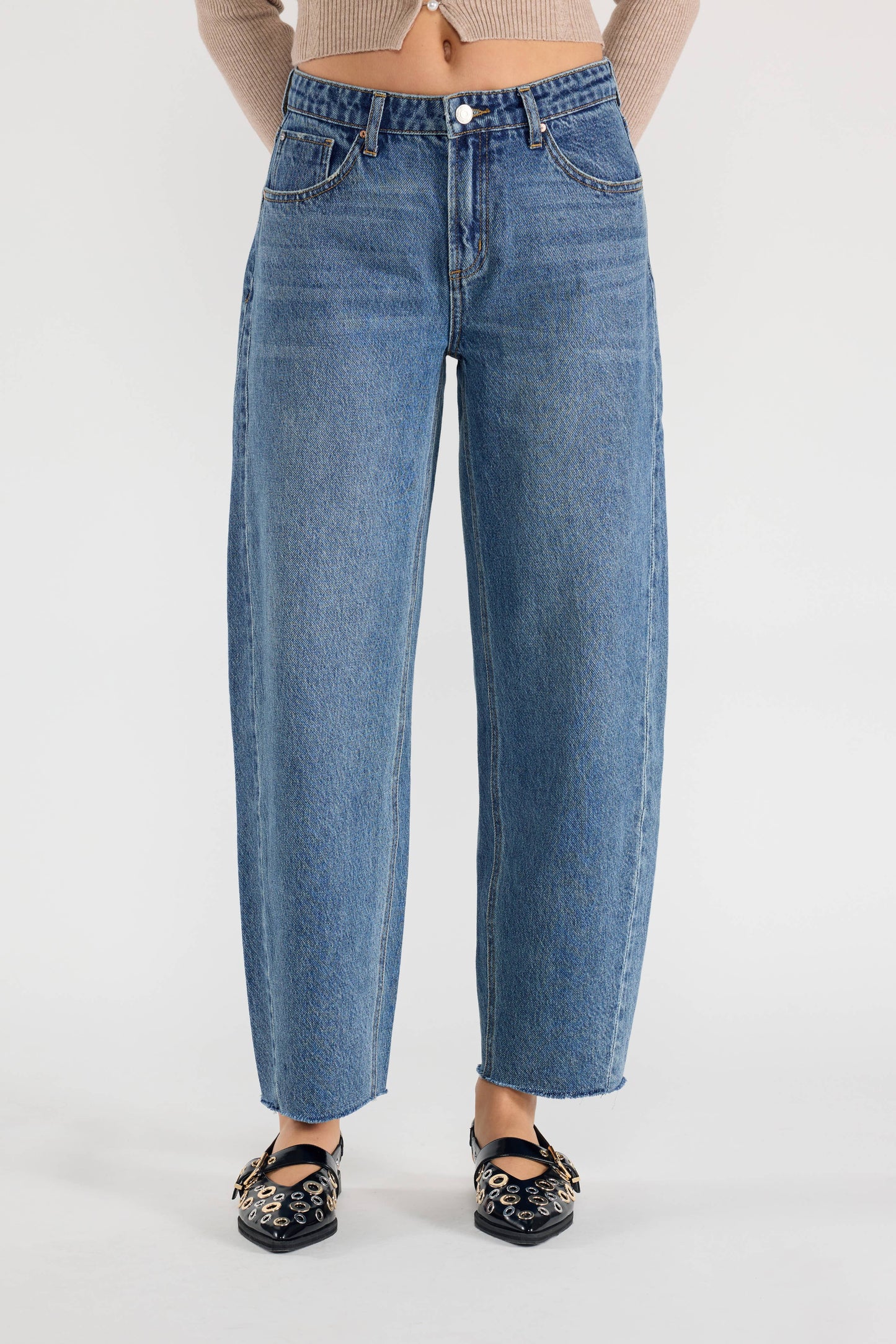 Medium Wash Mid-Waist Relaxed Barrel Jeans