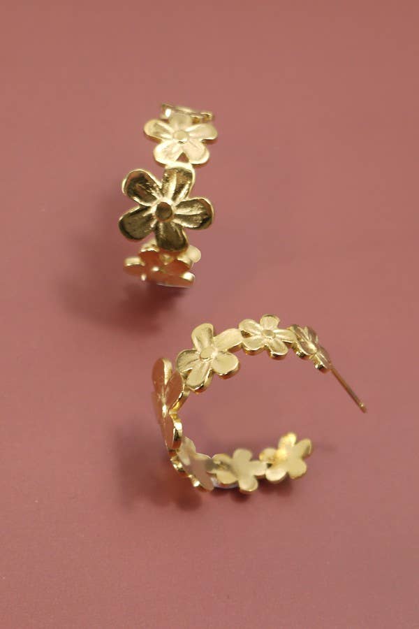 Flower Pattern Gold Hoop Earrings