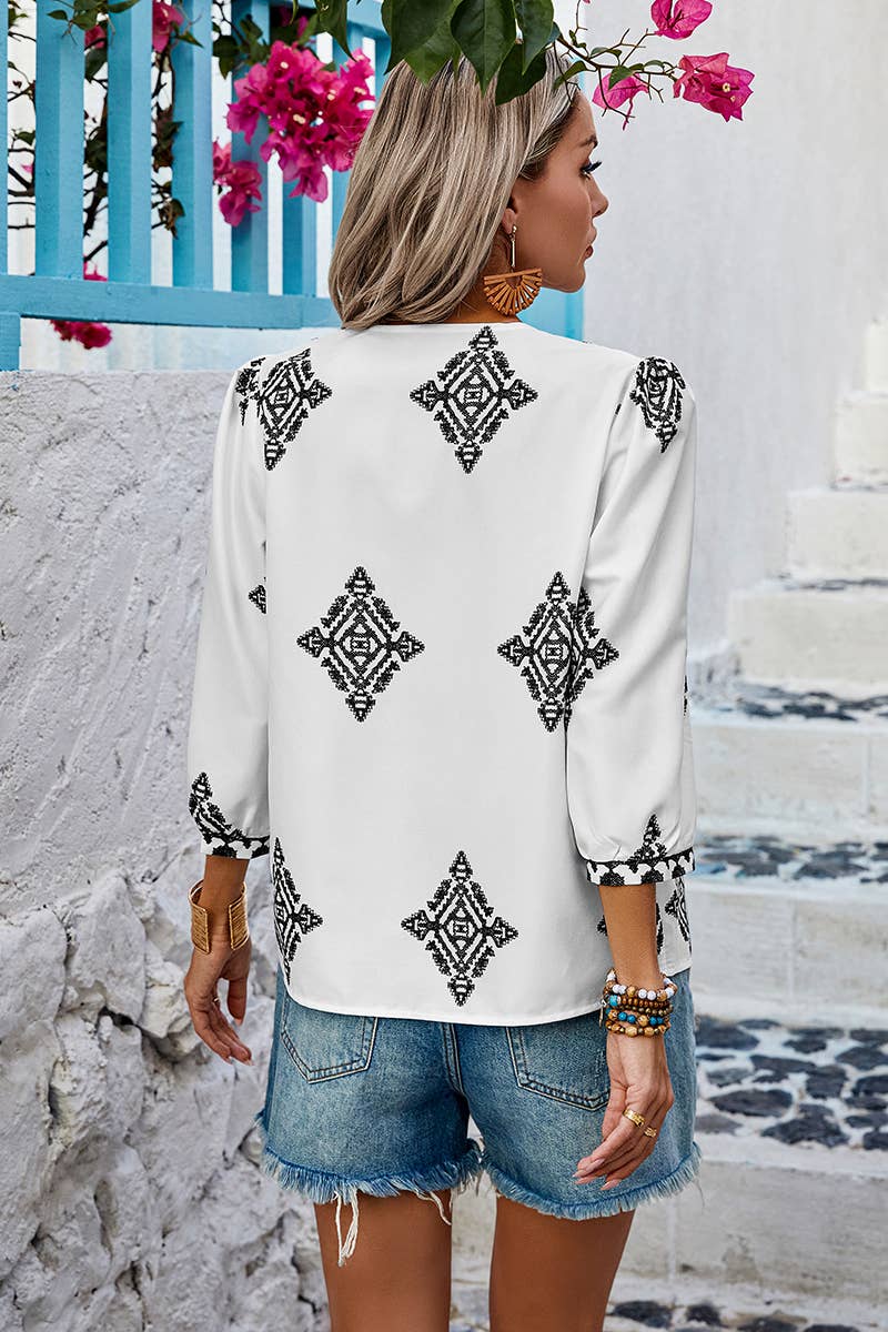 Printed V-Neck Loose Puff Sleeve Top