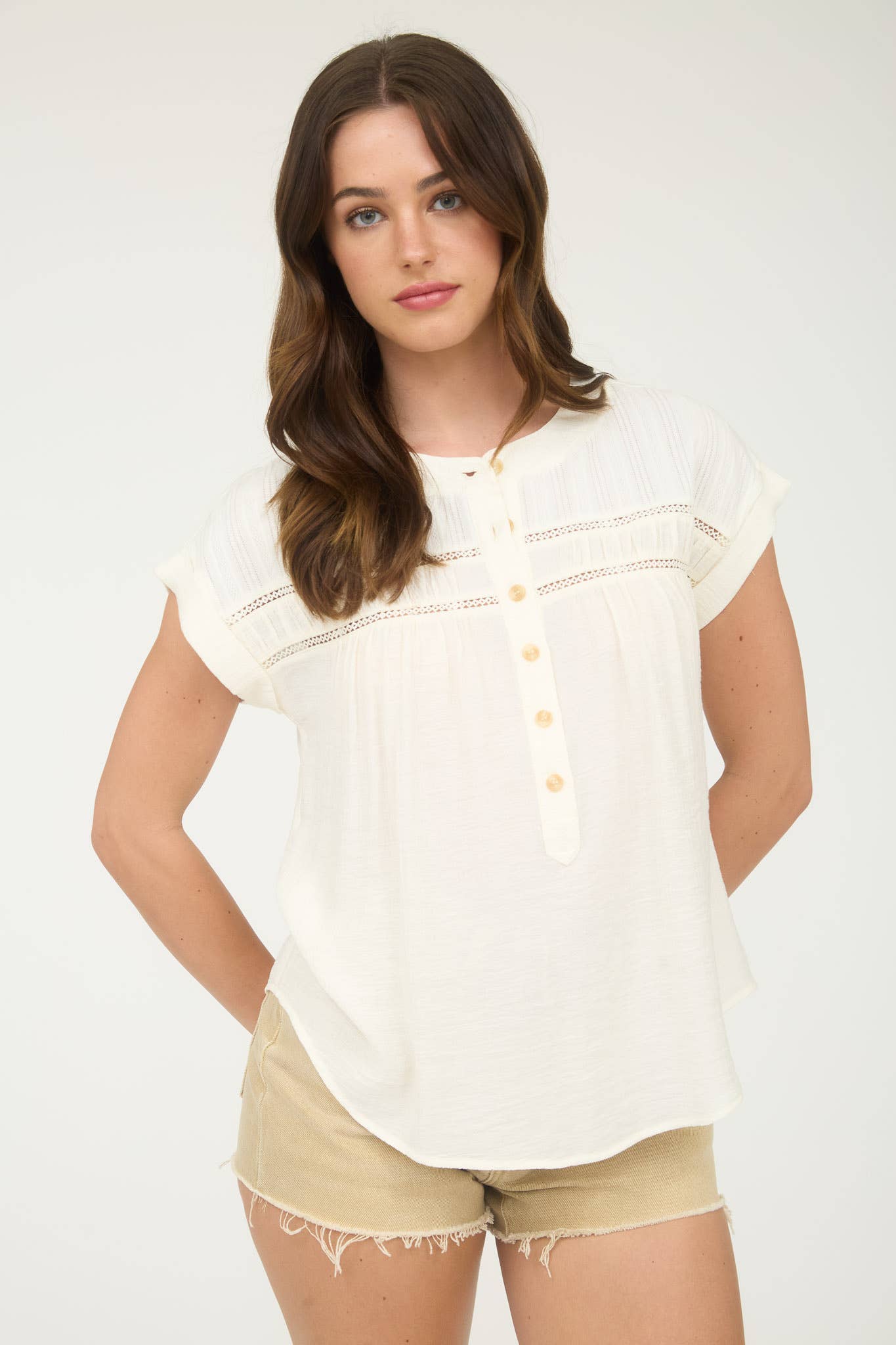 Eyelet Trim Half Button Top