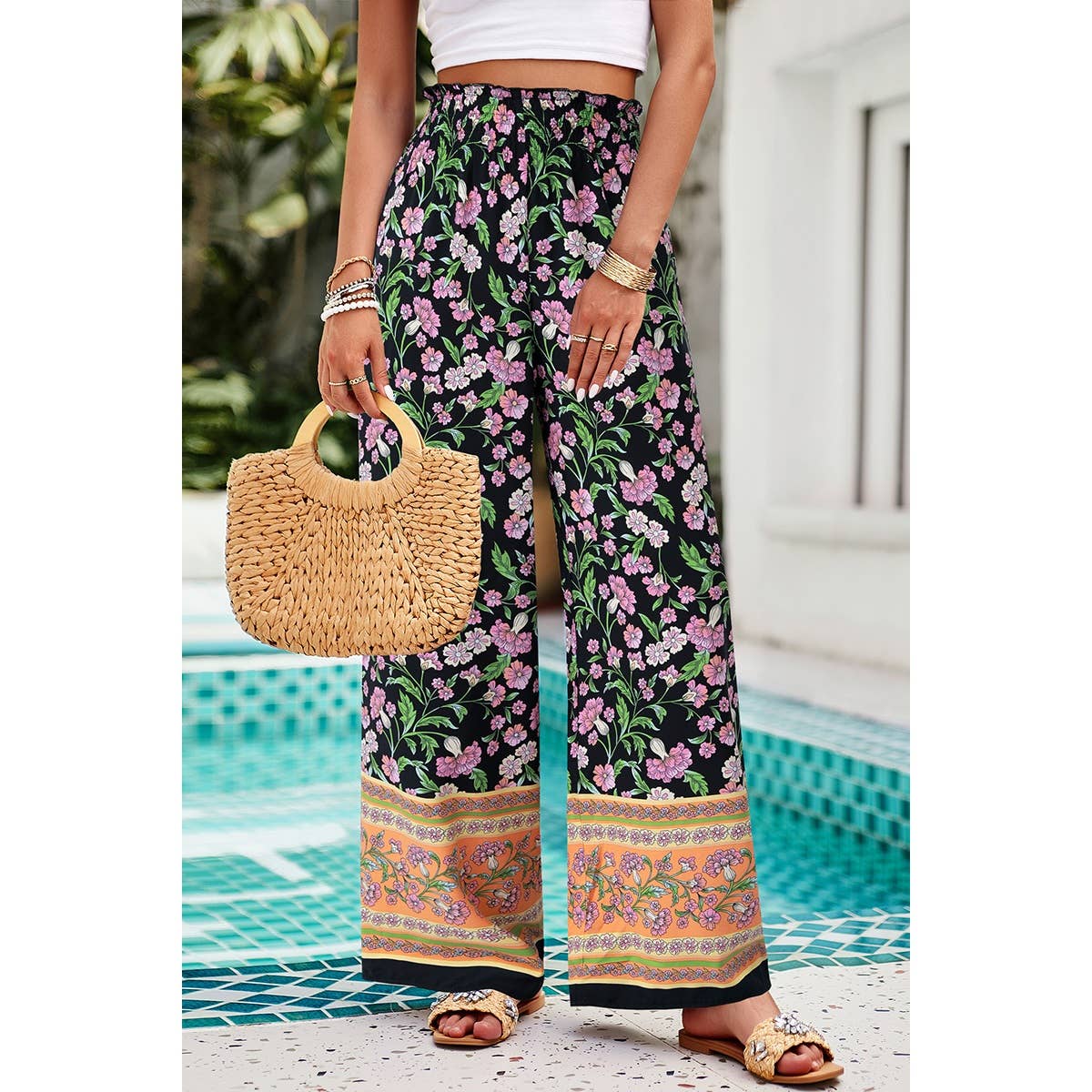 Floral Printed Loose High Waist Wide Leg Pant
