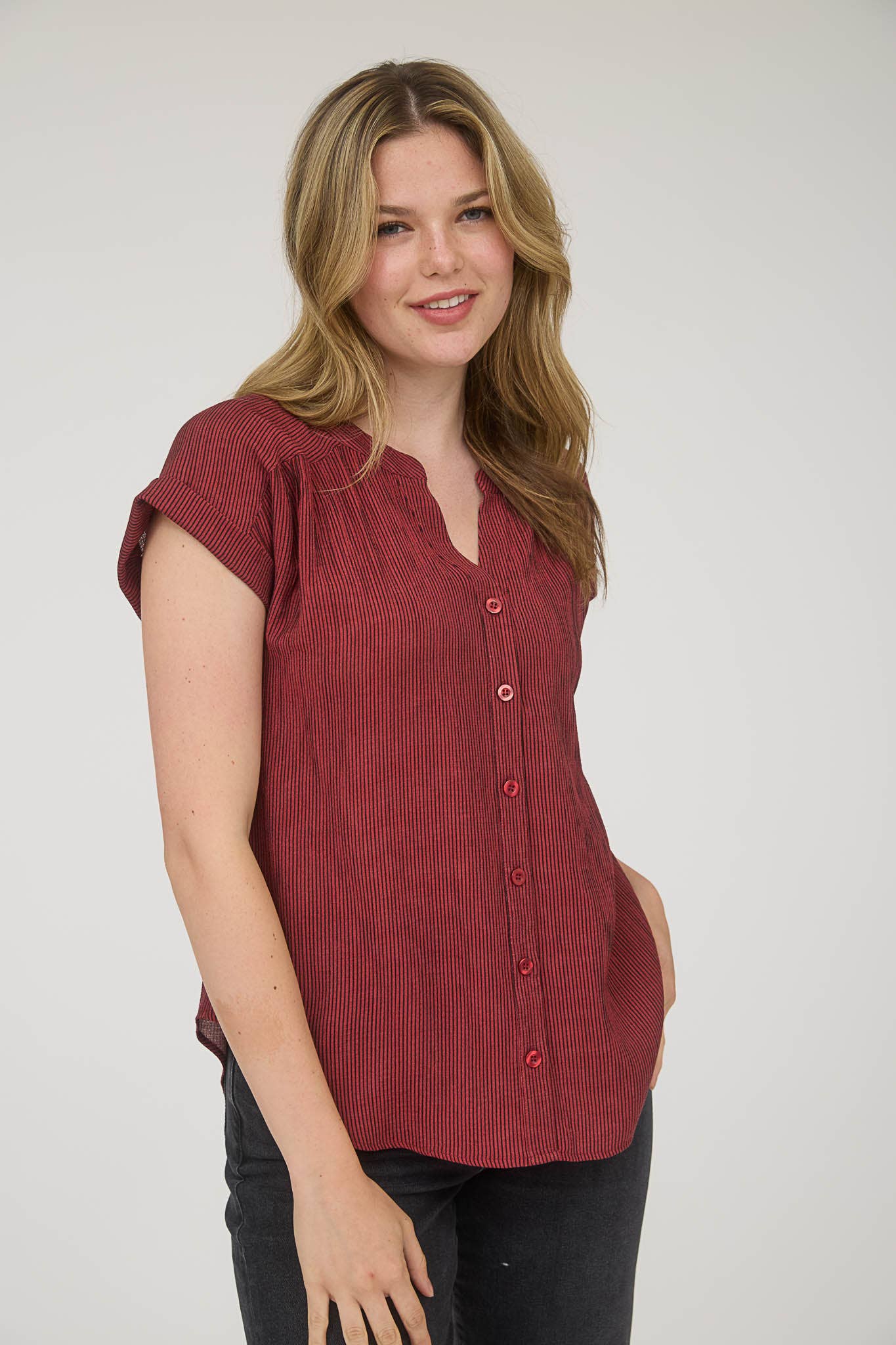 Burgundy V-Neck Button Down Top