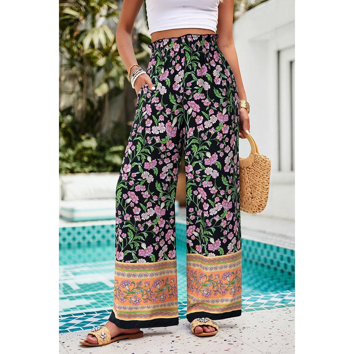 Floral Printed Loose High Waist Wide Leg Pant