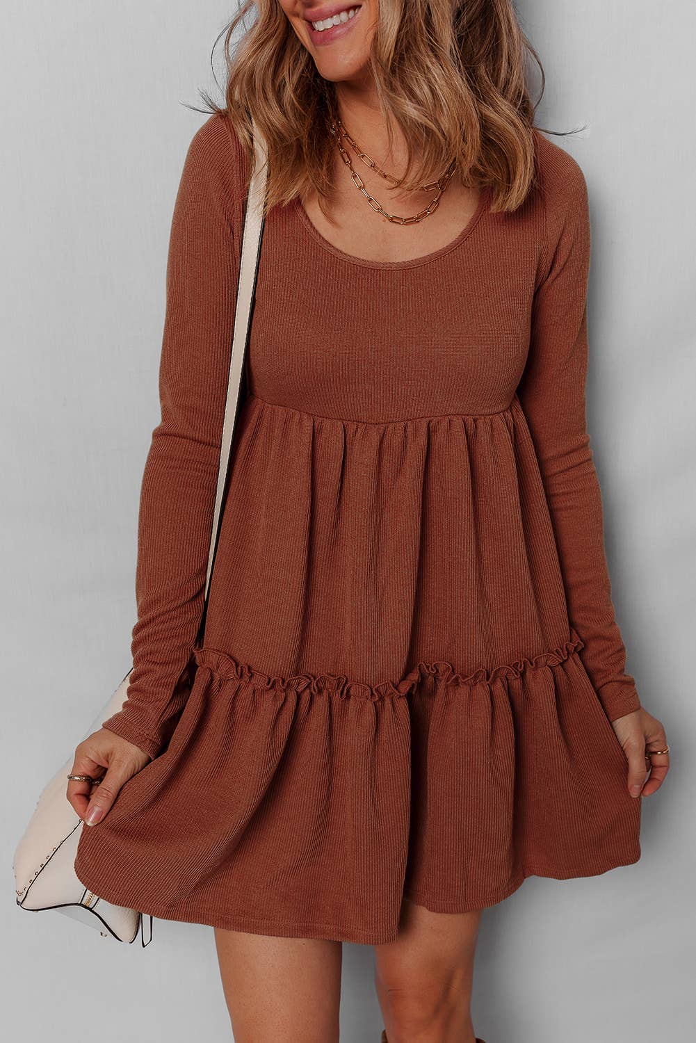 Ribbed Frilled Trim Long Sleeve Dress