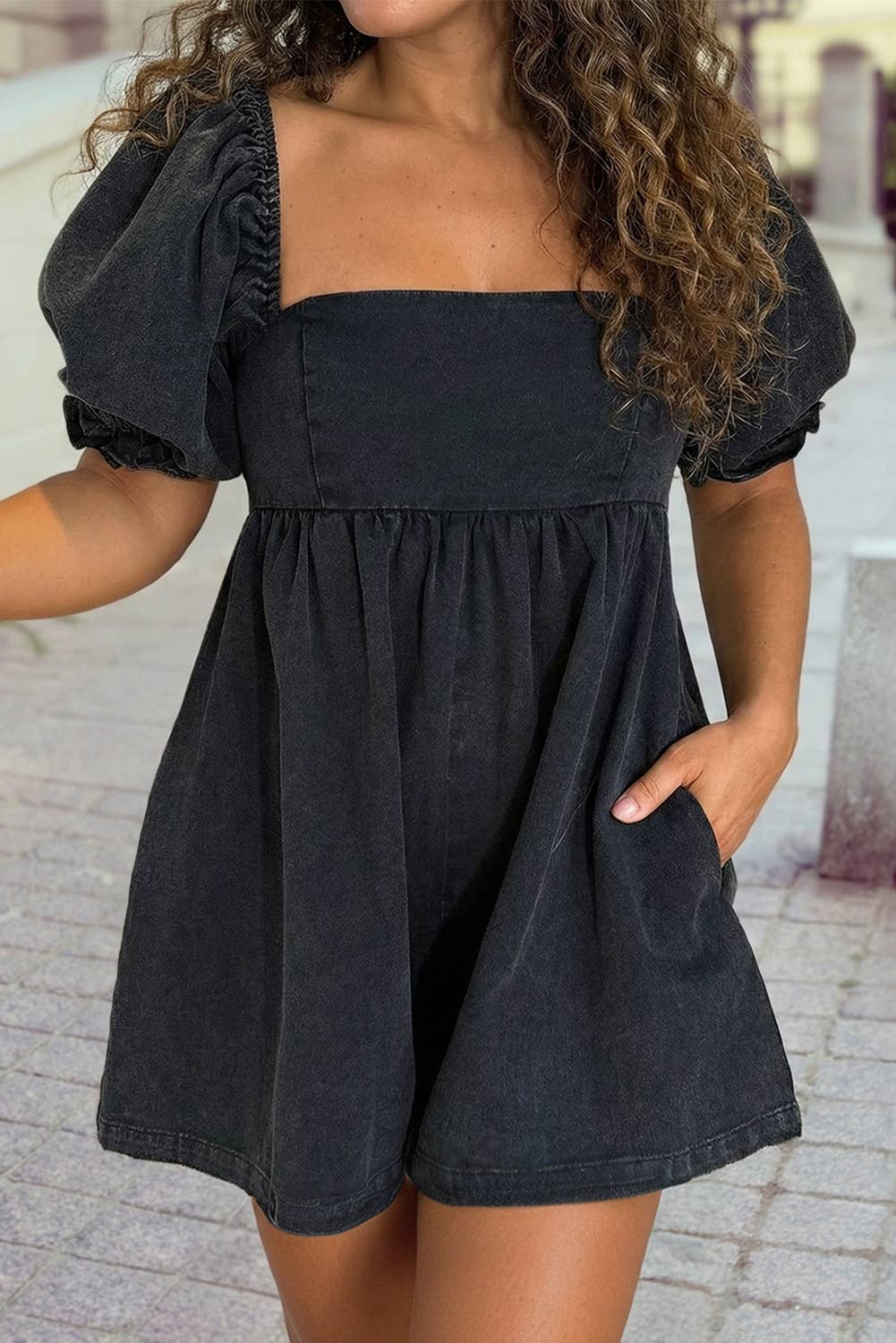 Denim Square Neck Smocked Short Puff Sleeve Flared Romper