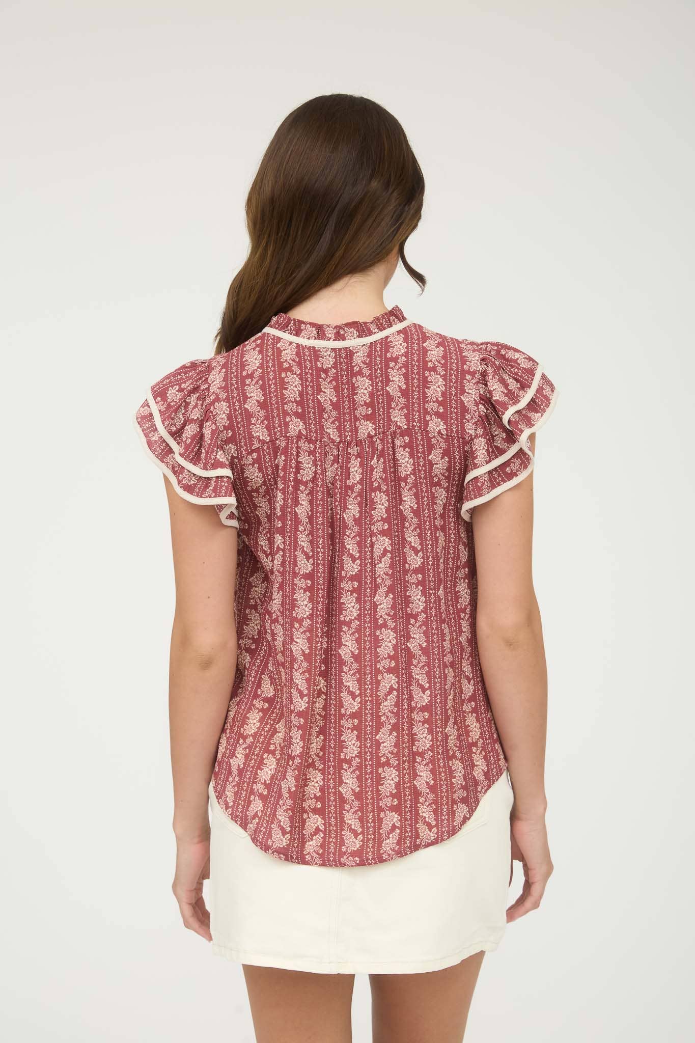 Stripe Floral Pattern Ruffle Top