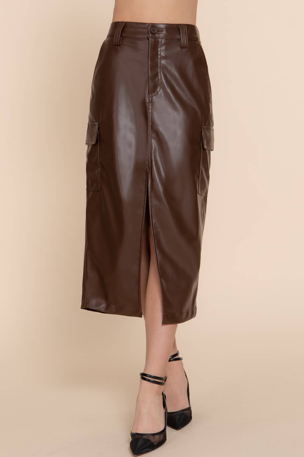 Brown Leather Midi Cargo Skirt