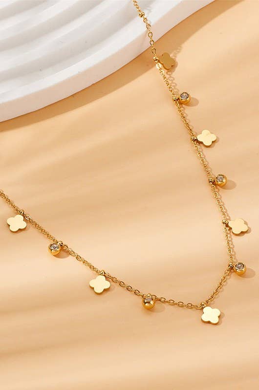 Gold Mini Clover Rhinestone Drop Necklace