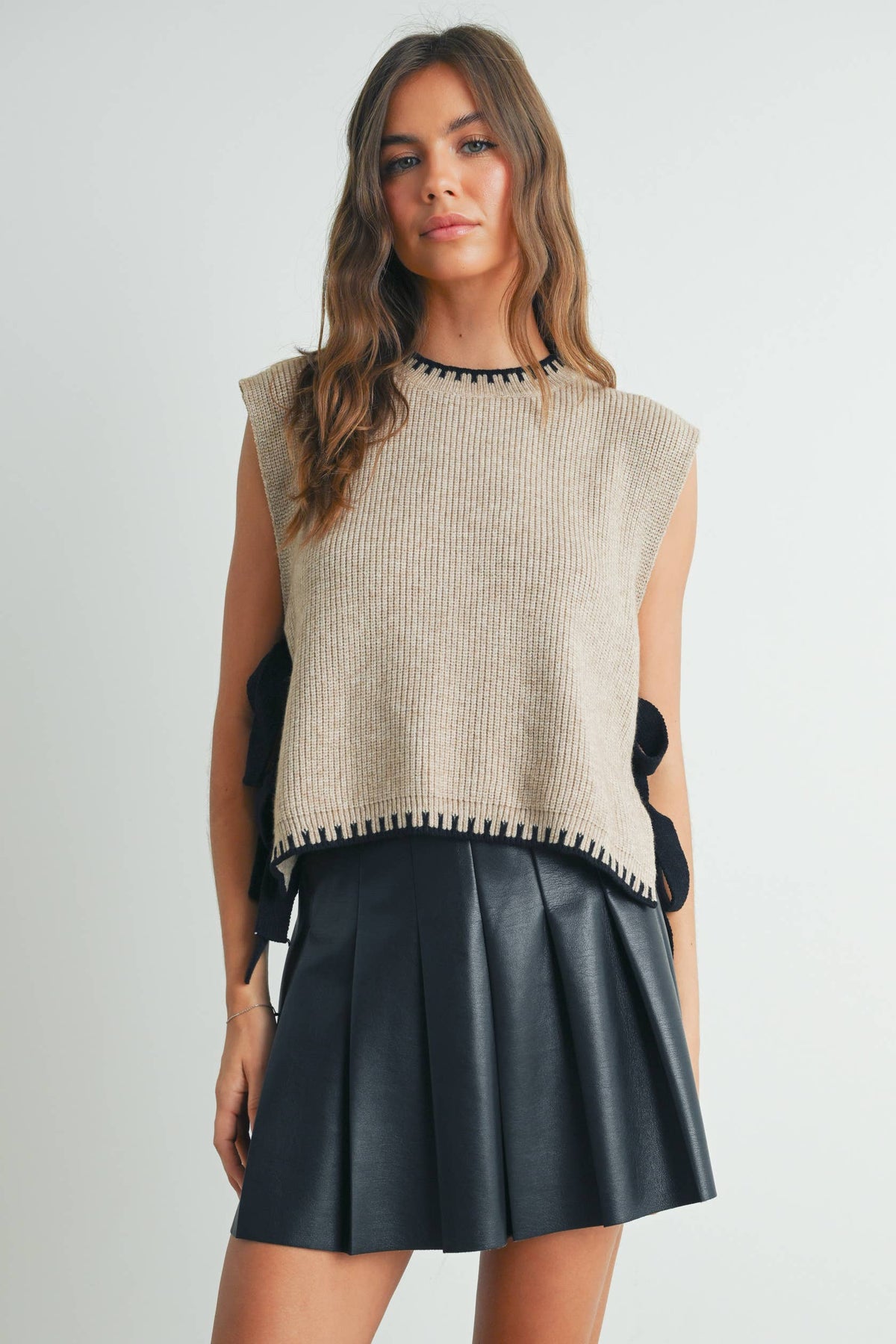 Taupe Mock Neck Sleeveless Bow Sweater