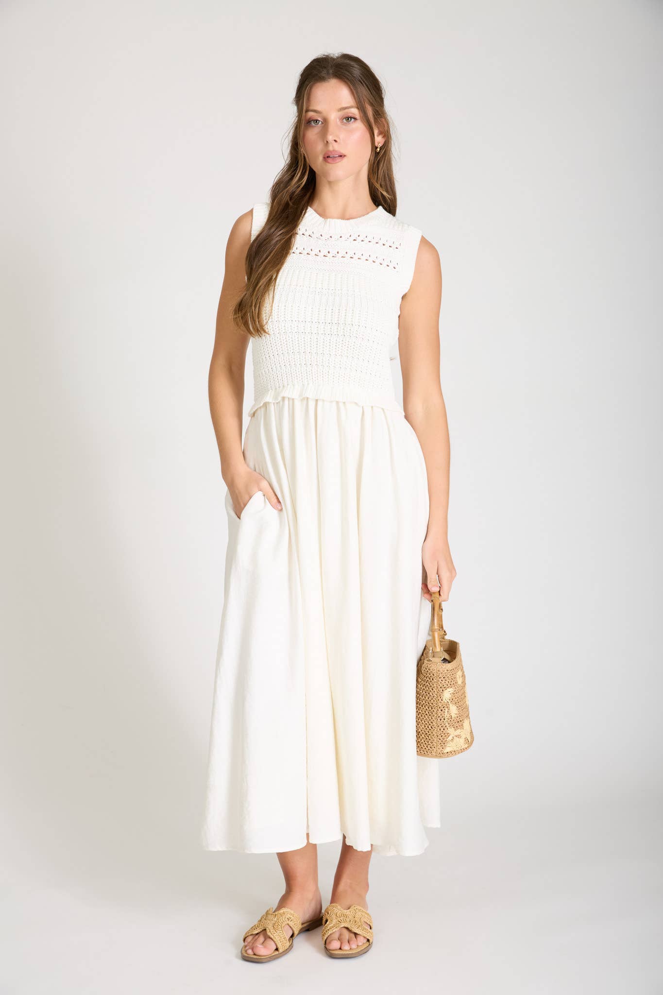 Cream Mix Media Sleeveless Midi Dress