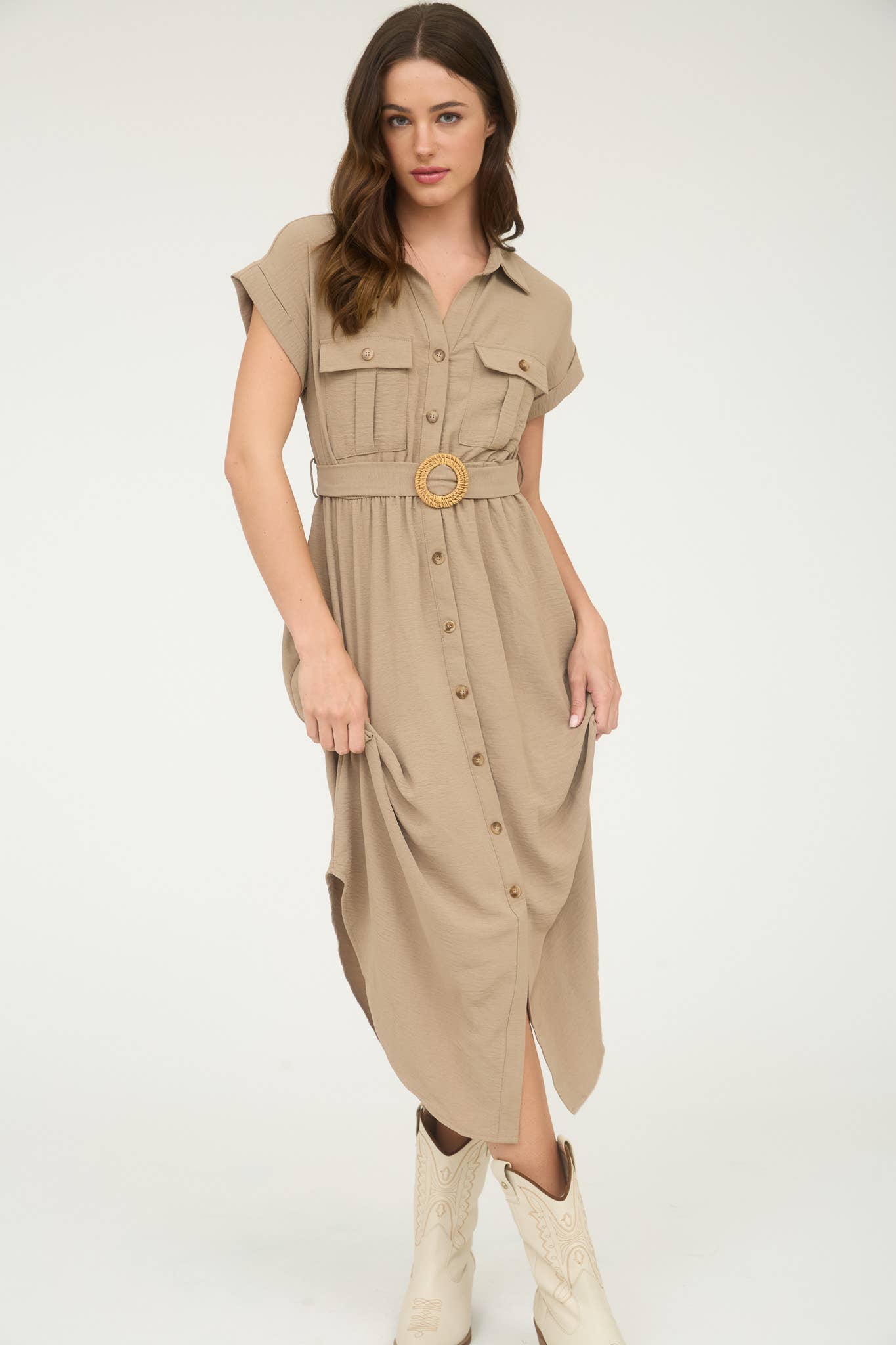 Down Belted Midi Dress
