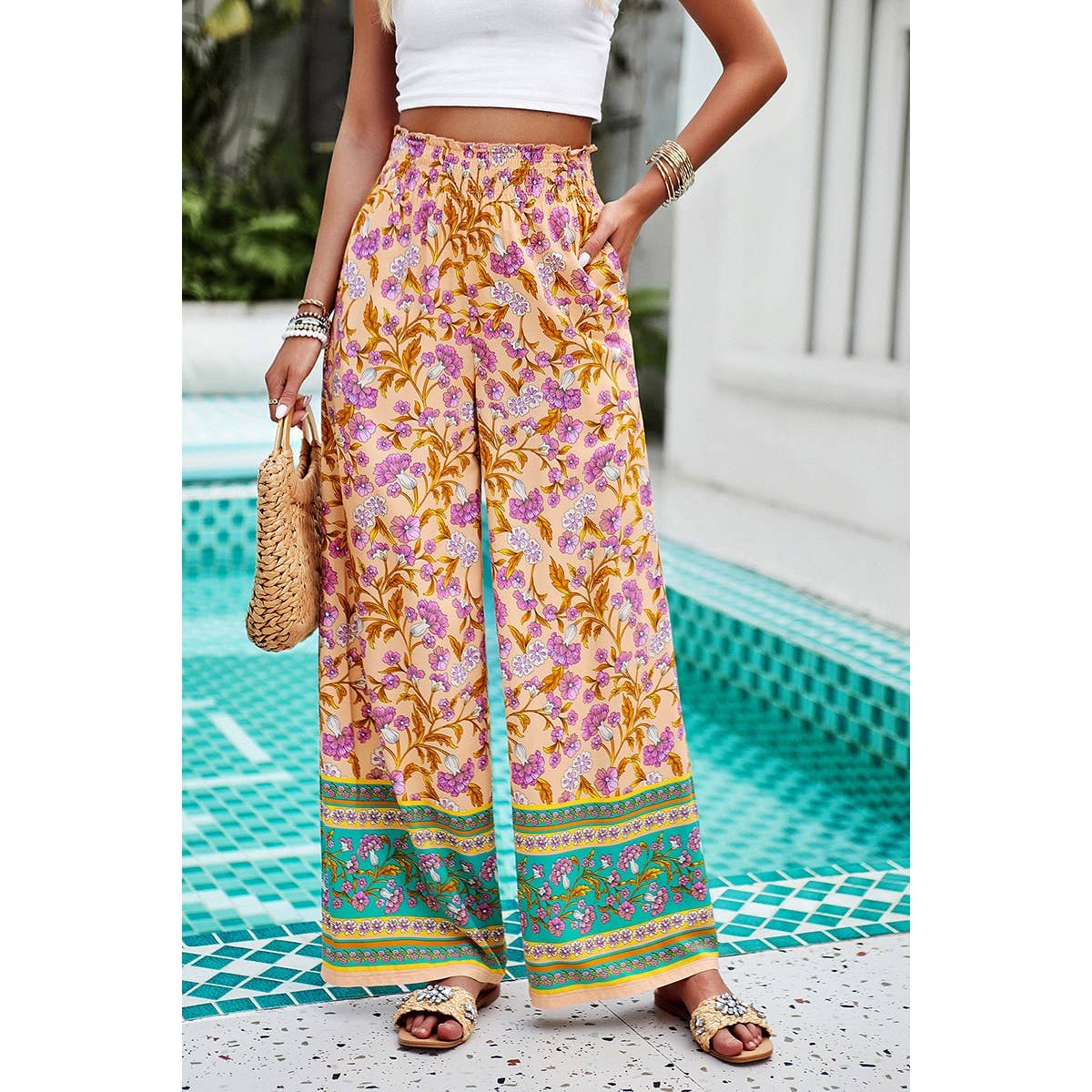 Floral Printed Loose High Waist Wide Leg Pant