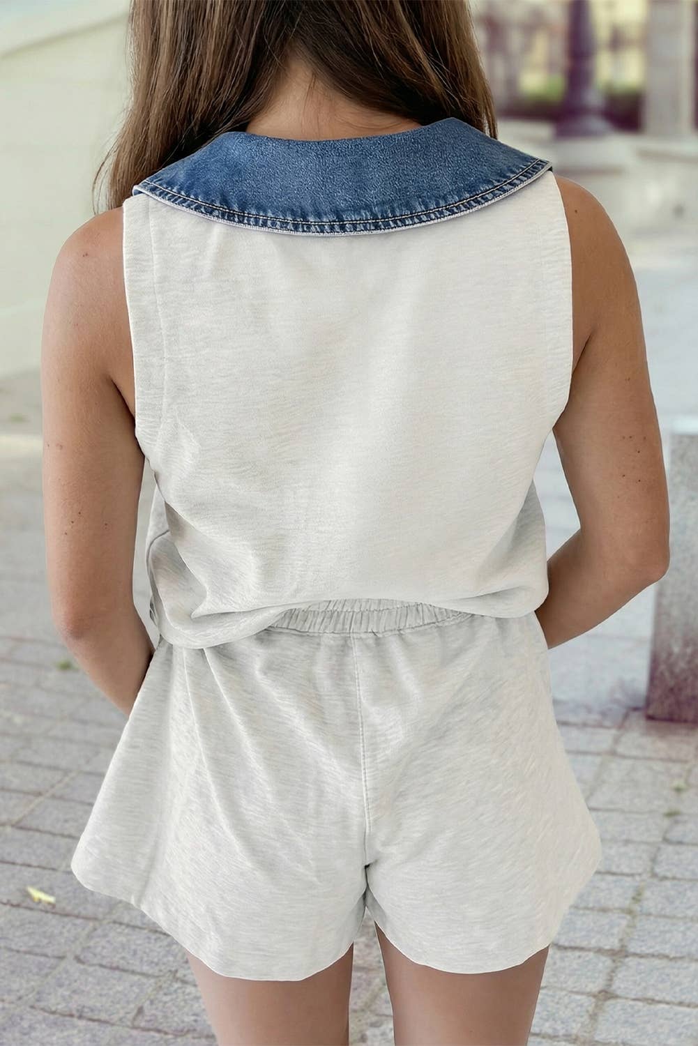 Denim Patchwork Polo Collar Elastic Waist Sleeveless Romper