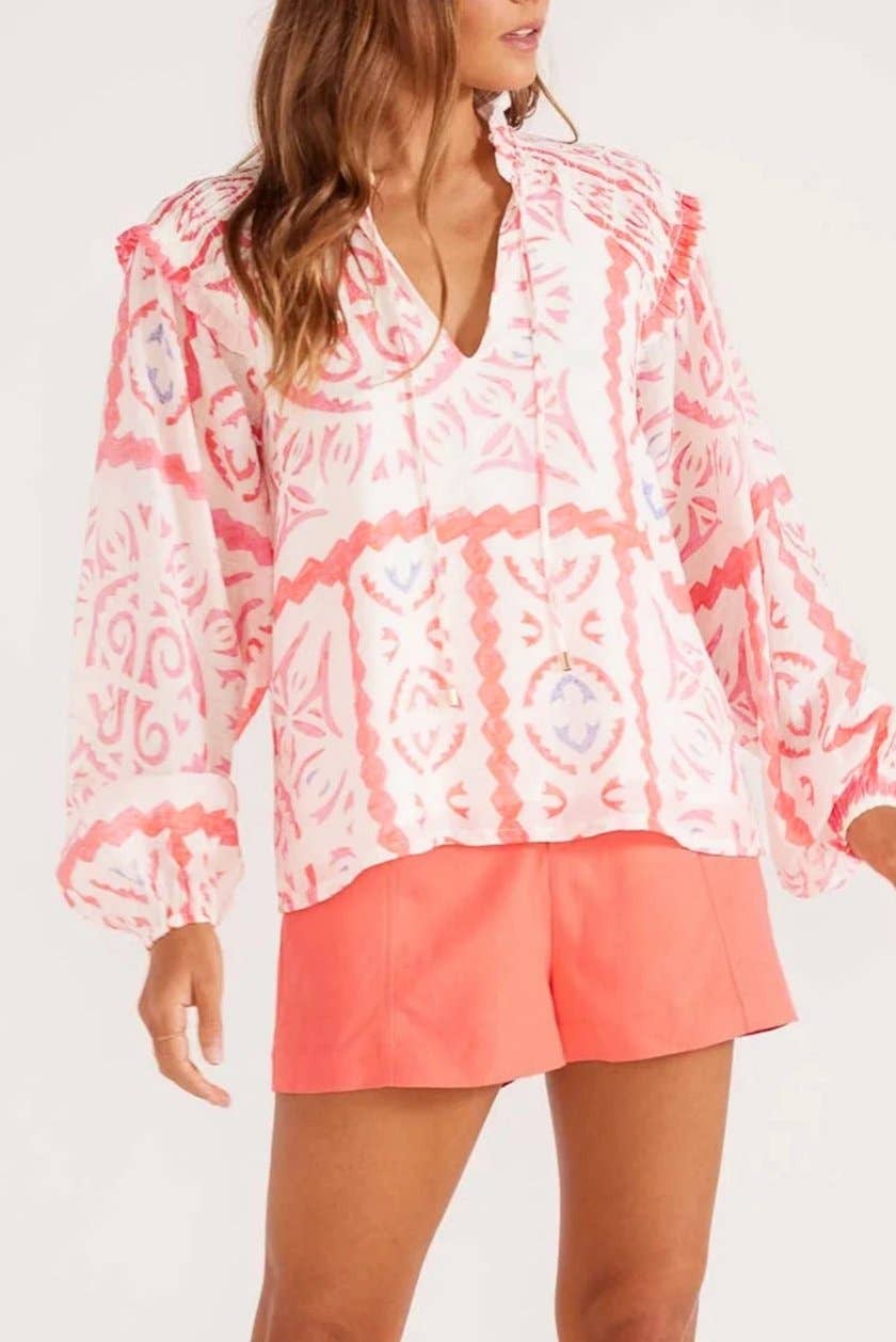 Geometric Floral Smocked V-Neck Top