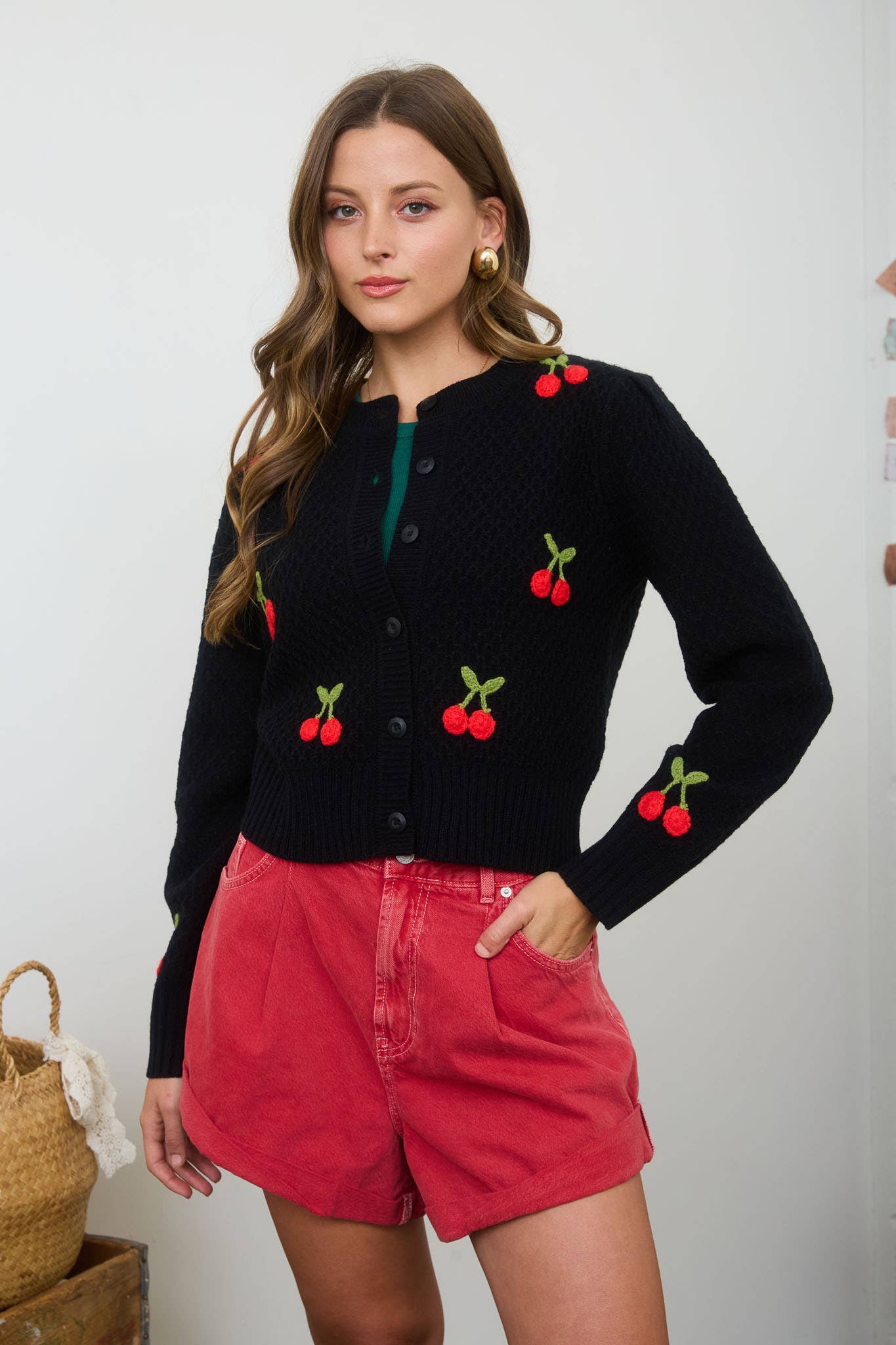 Crochet Cherry Detail Button Down Cardigan