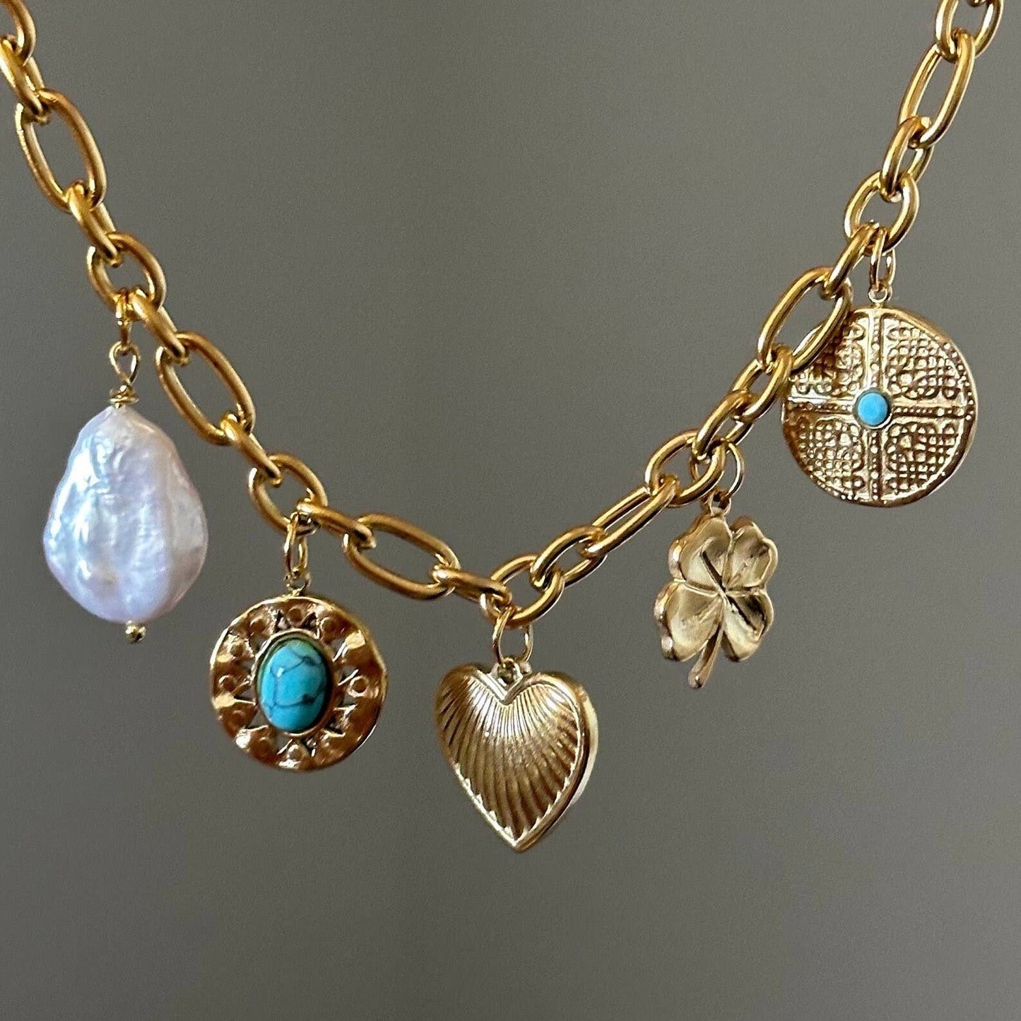 Boho Heart Pearl Charm Necklace