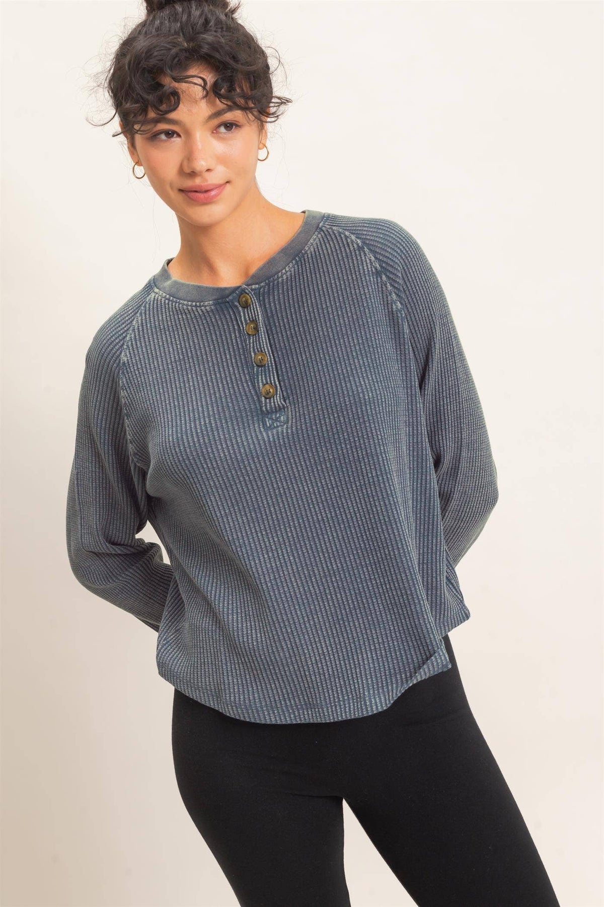 Mineral Wash Waffle Knit Henley Top