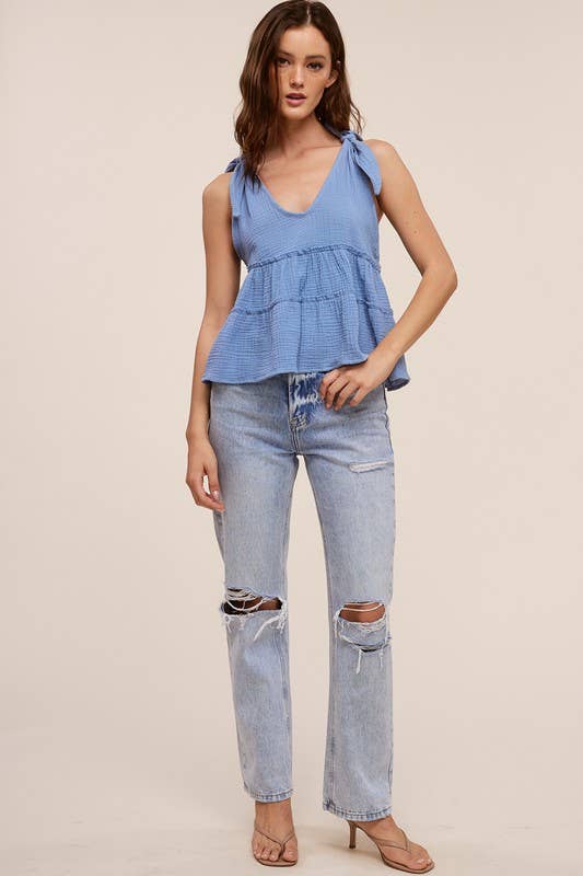 Chambray Tiered Tie-Shoulder Gauze Top