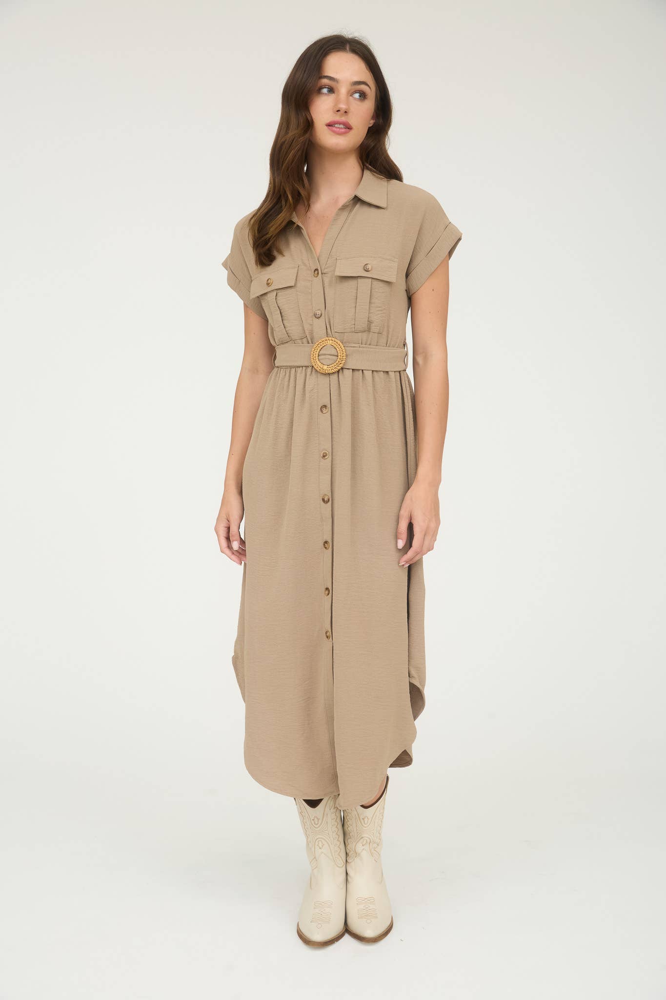 Down Belted Midi Dress