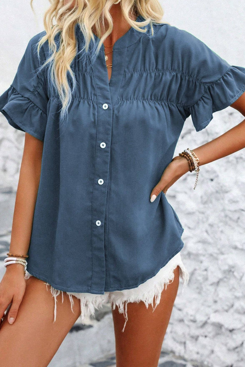 Solid Ruffle Sleeve Buttoned Top