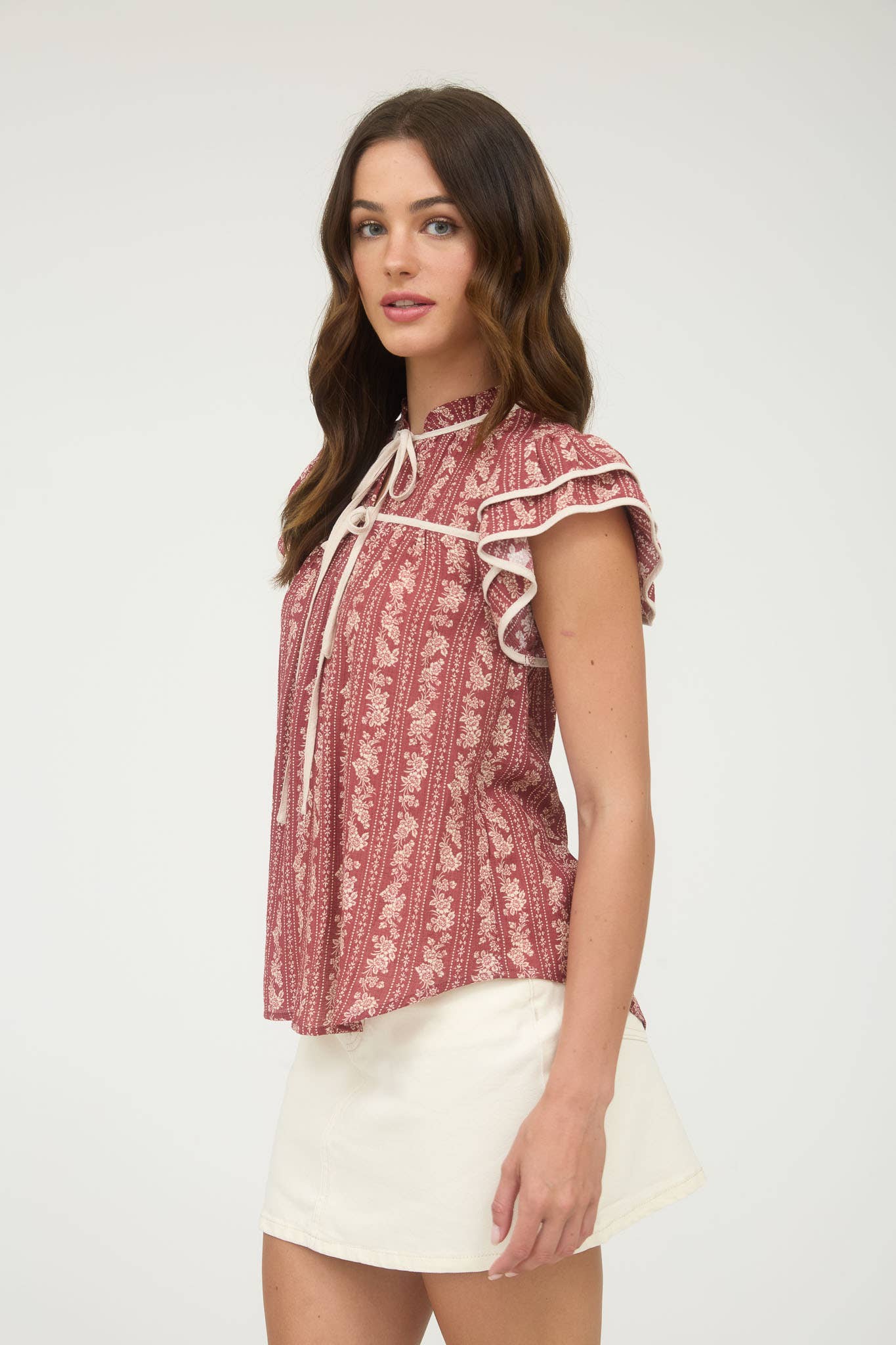 Stripe Floral Pattern Ruffle Top