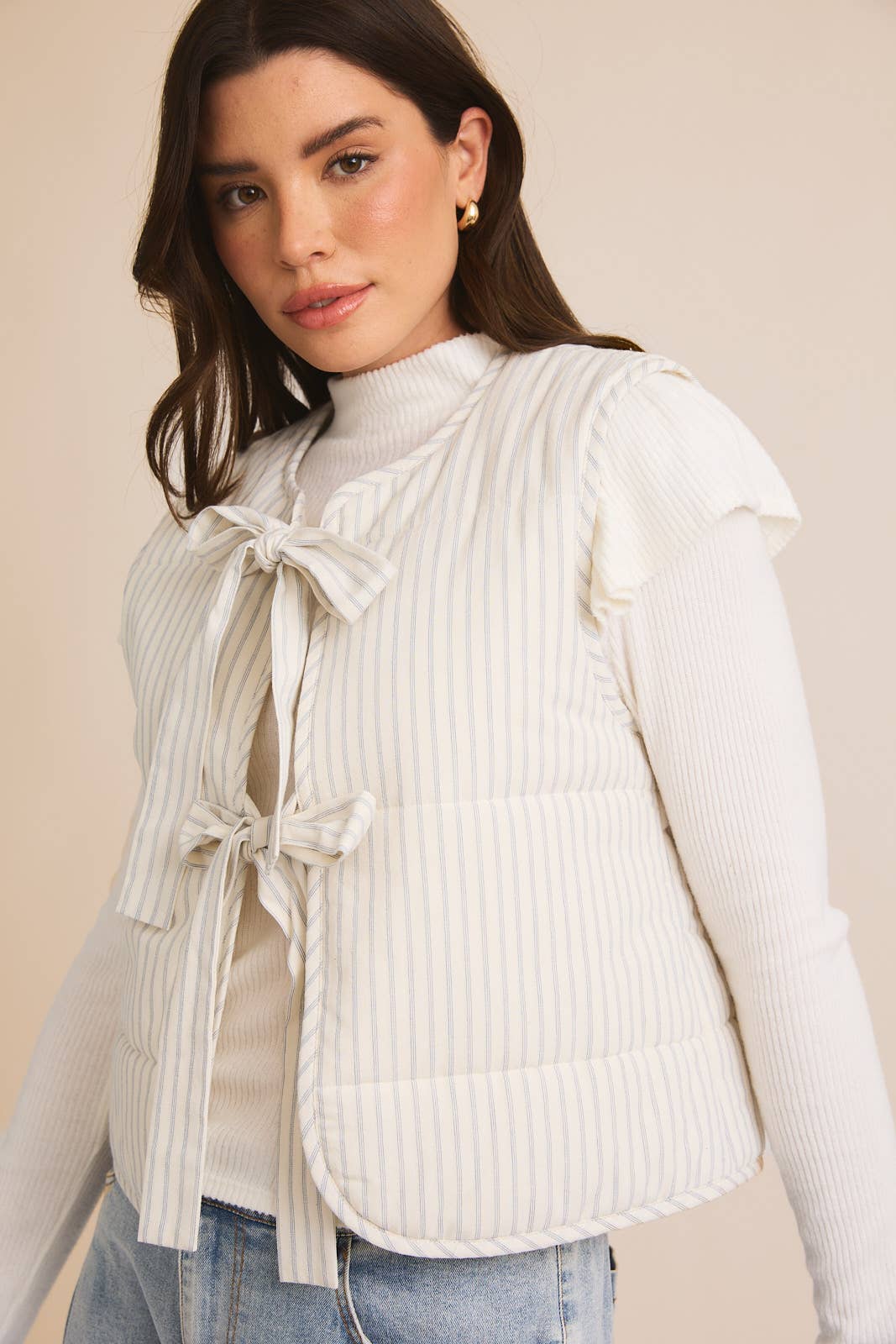 Front Bow Tie Striped Puffer Vest