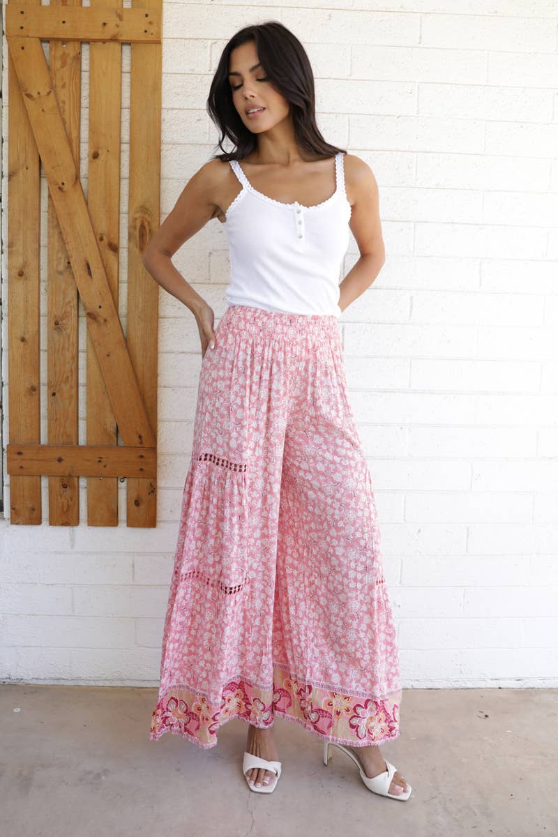 Lace Trim Wide Leg Printed Pants