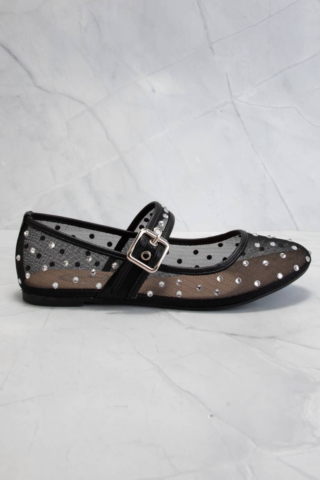 Rhinestone Embellished Mesh Mary Jane Flats
