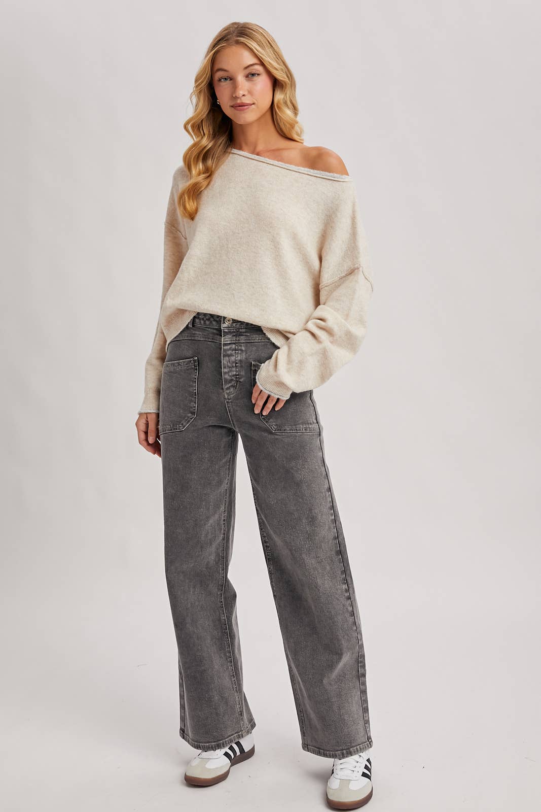 Oatmeal Boat Neck Rolled Trim Heathered Sweater