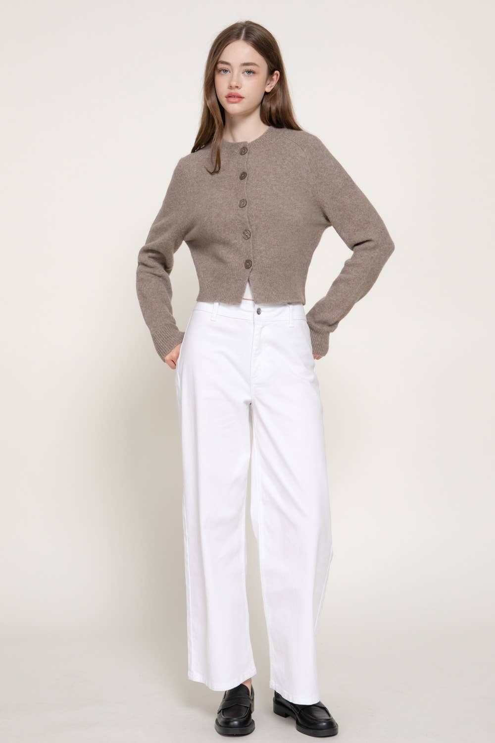 Taupe Round Neck Button Down Cardigan