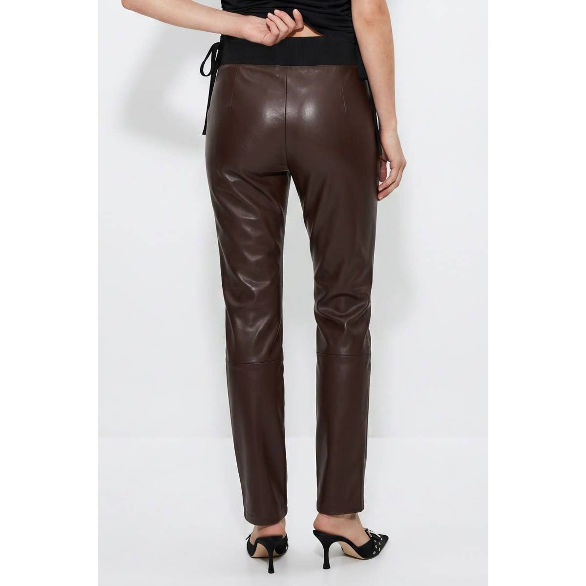 Chocolate Ribbed Waist Leather Leggings