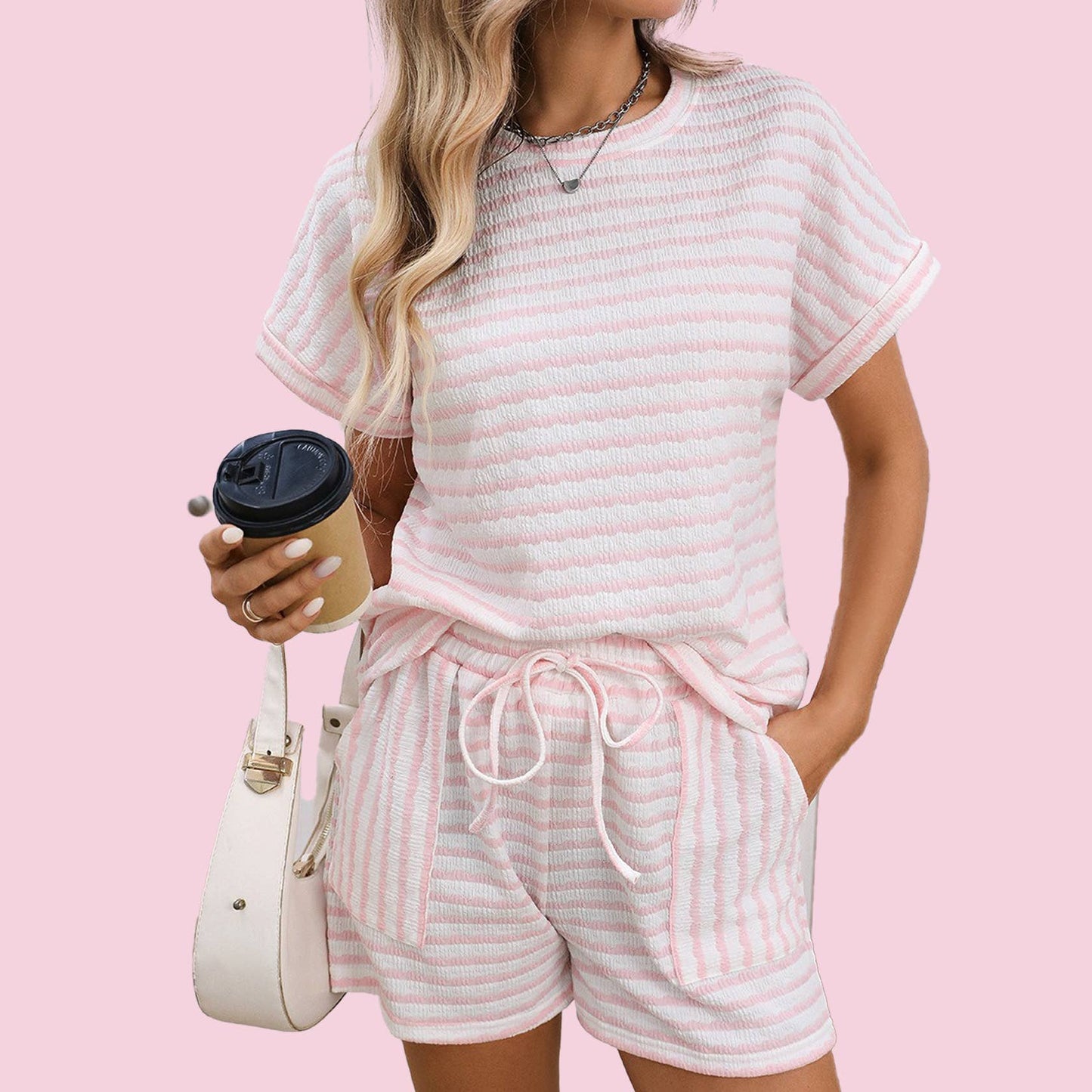 Stripe Knitted Short Sleeve Top and Drawstring Shorts Set