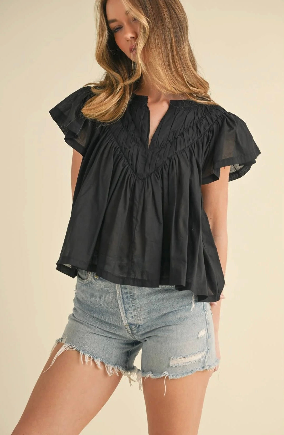Flutter Sleeve V-Neck Detailed Blouse