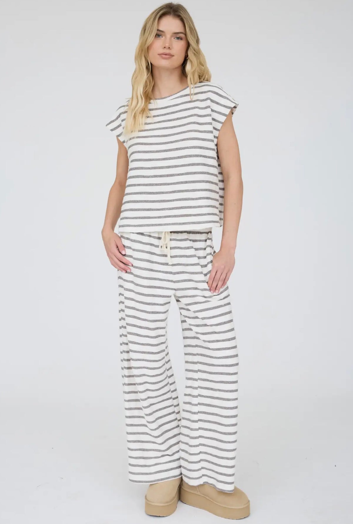 Ally Grey Stripe Round Neck Top & Pant Set